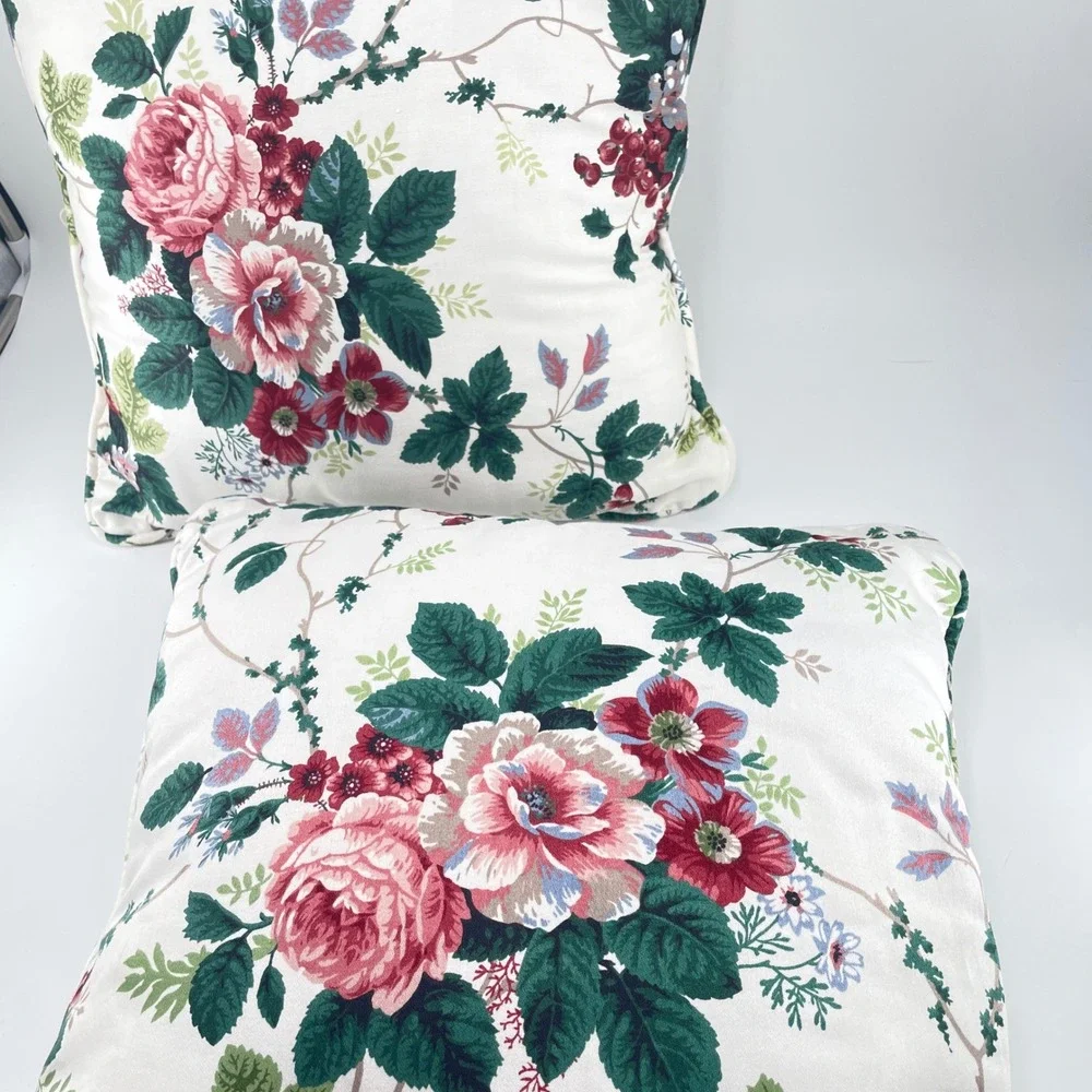 Waverly Floral Throw Pillows Cream Pink Green 16x16 Pair Traditional Cottagecore